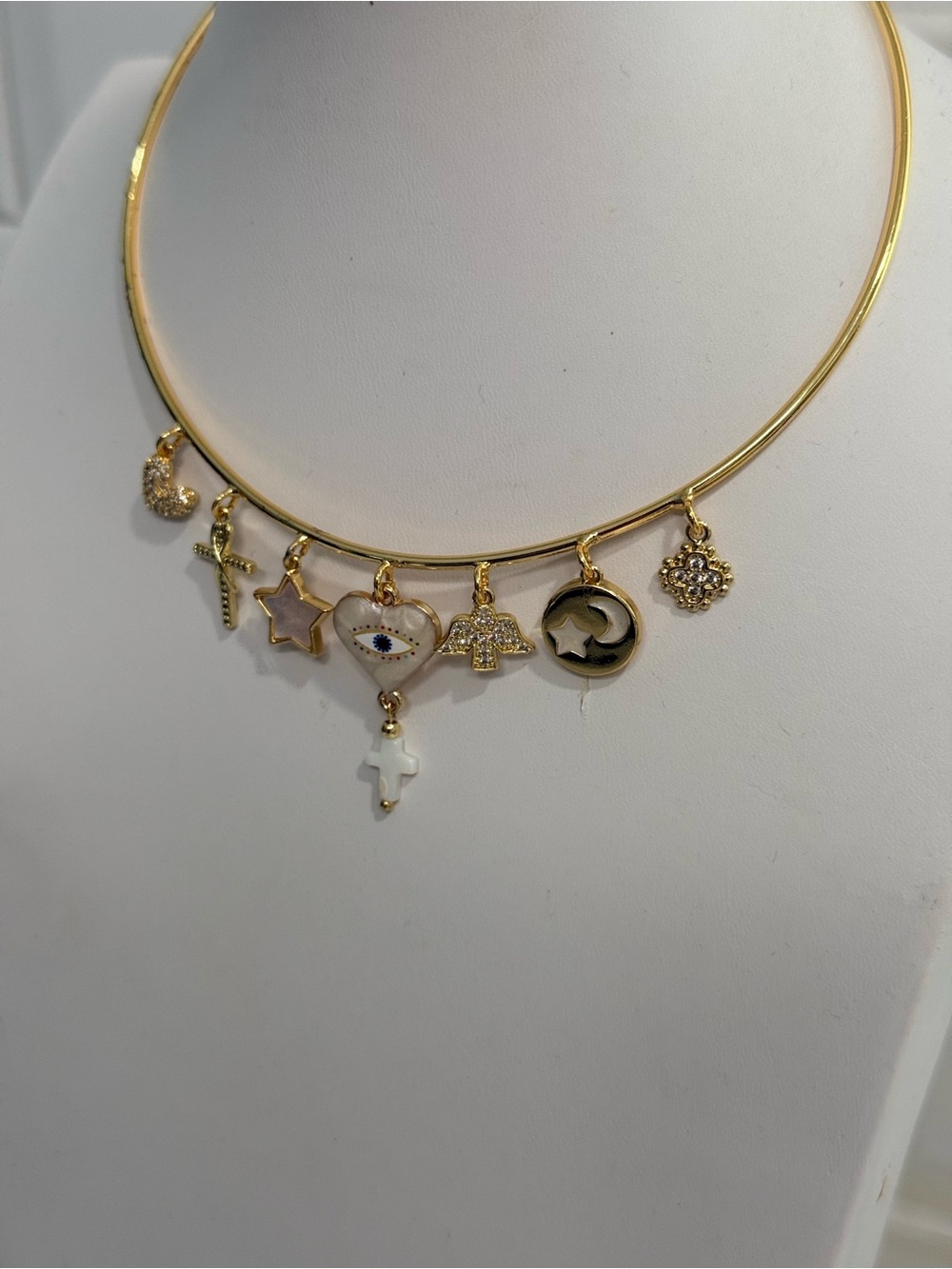 Gold Charm Choker Necklace with Heart, Cross & Star Pendants - Picture 4 of 5